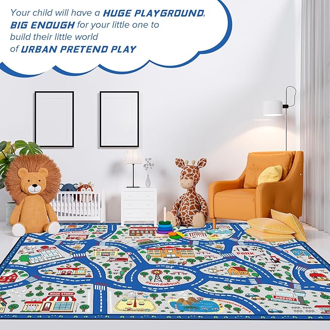 Kids Carpet Playmat Rug Player Car Rug,City Life Traffic Road Map Mat Educational Game Area Rug for Toddler Children Playroom Classroom Bedroom (Blue,6 x 9 ft)-Ruum Studio Home