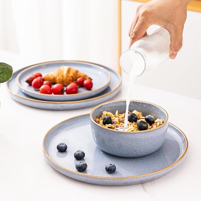 GBHOME Ceramic Dinnerware Sets for 4, 12 Pieces Stoneware Plates and Bowls Sets, Scratch Resistant Dishe Set for Dinner, Dishwasher & Microwave Safe, Brunnera Blue-Ruum Studio Home
