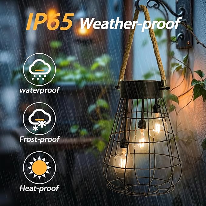Solar Hanging Lantern with Rope, Vintage Industrial Pendant Light, 12.8" Solar Powered Outdoor Lantern, IP65 Waterproof Garden Light, Warm White Glow, Rechargeable for Patio, Porch, Yard Decor-Ruum Studio Home