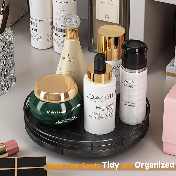 9" Oak Bathroom Vanity Tray Turntable for Perfume Candle, Round Wooden Decorative Tray for Kitchen Sink Countertop Organizer, Bathroom Counter Organizer for Skincare Makeup, Farmhouse Black Gold-Ruum Studio Home