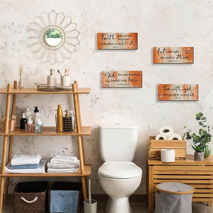 FENCORDAR 4 Pieces Orange Bathroom Decor Bible Verses Decor Wooden Orange Wall Decor Abstract Office Christian Wall Decor Religious Art for Women Office Home Bedroom Living Room Decor(10x4)-Ruum Studio Home