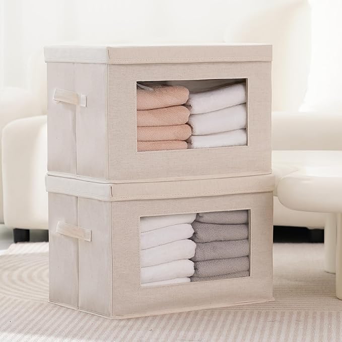 Citylife 3 Pack Storage Bins with Lids, Fabric Foldable Storage Bins with Soft Cord Handles, Canvas Storage Bin with Lid for Organizing Clothes, Blankets and Books, Beige-Ruum Studio Home