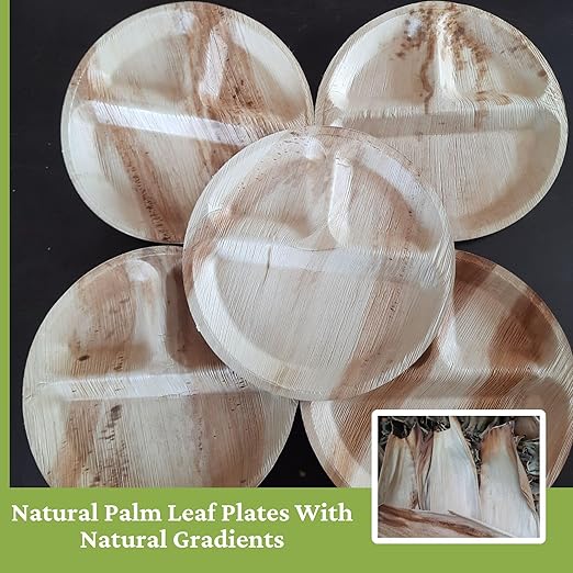 Dtocs 3 Compartment Plates (50 Pc) Palm Leaf 10 Inch Round Portion Control Buffet Sectional Plate | Bamboo Plates Disposable Like Compostable Camping Dinnerware Stronger than Divided Paper, Styrofoam-Ruum Studio Home