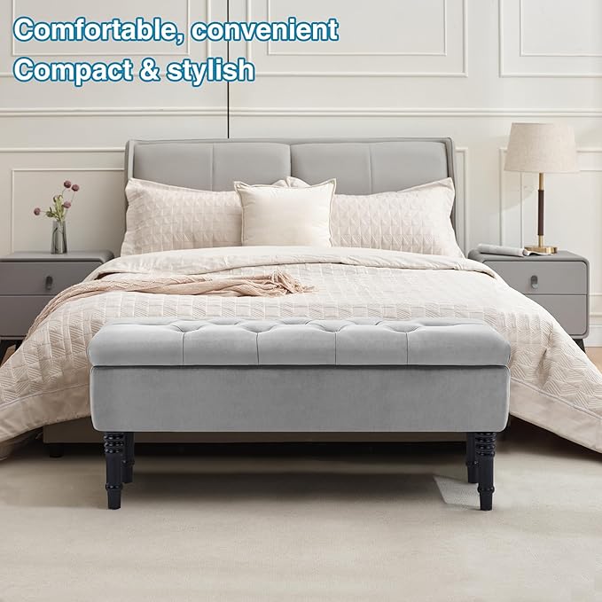 Ottoman with Storage Velvet Storage Bench Holds Up to 500 lbs Ottomans Upholstered Bench with Seating for Bedroom, Living Room, Grey-Ruum Studio Home