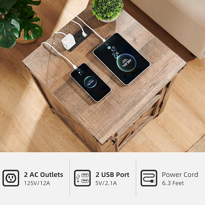 JXQTLINGMU Farmhouse End Table with Charging Station, 18'' Rustic Nightstand with Barn Door & Adjustable Shelf, Wooden Sofa Side Table with 3-Tier Storage for Living Room, Bedroom, Warm Brown-Ruum Studio Home