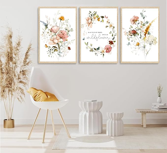 3Pcs Pink Flowers Canvas Wall Art In A Field Of Roses She Is A Wildflower Painting Picture Decor Watercolor Wreath Poster Print Artwork for Nursery living room Girls Room Home Decoration Unframed-Ruum Studio Home