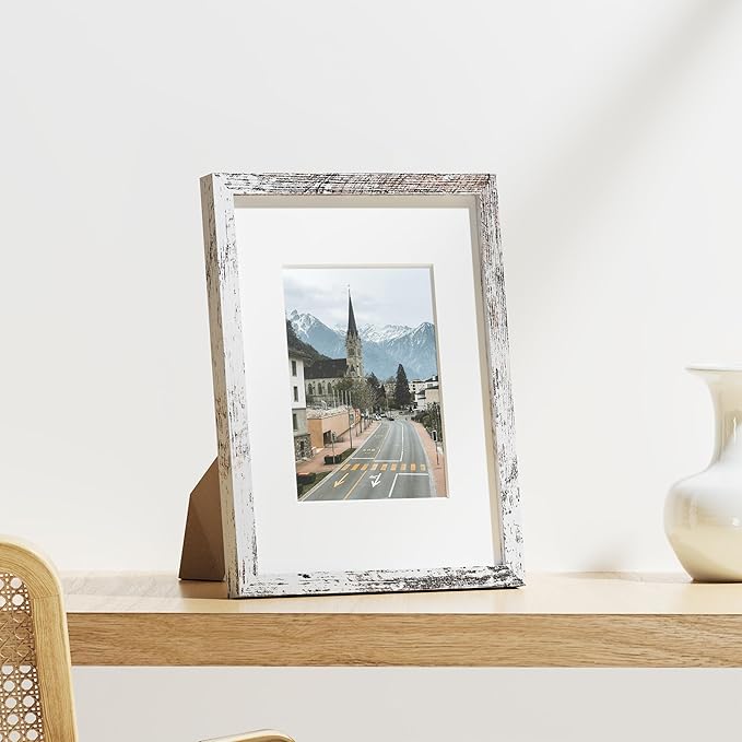 Vittanly 9x12 Picture Frames Set of 9, Shatter Resistant Plexiglass, Display 6x8 Pictures with Mat or 9x12 without Mat, Photo Frames for Wall or Tabletop, Engineered Wood, Distressed White-Ruum Studio Home
