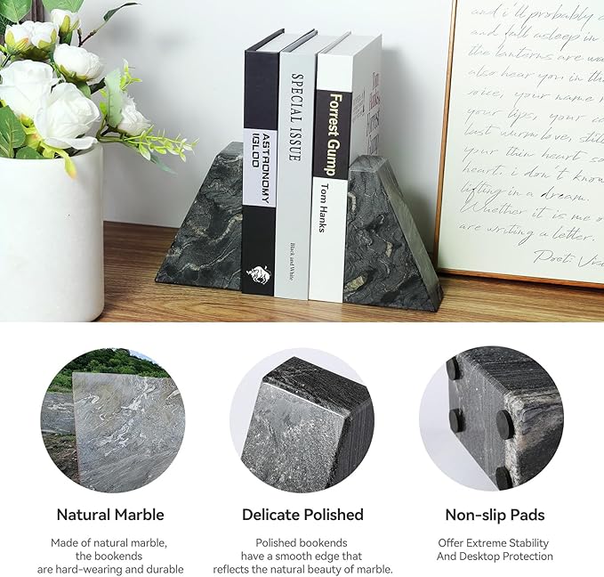 Marble Bookends for Heavy Books, Decorative Book Ends for Shelves, Titanium Black Stone Durable and Heavy-Duty Book Ends for Hardback Books & CDS, Unique Book Stopper & Holder, Set of 2-Ruum Studio Home