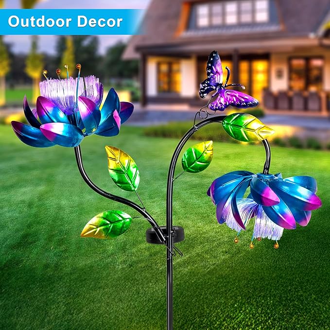 50'' Solar Powered Kinetic Wind Spinner Sculpture Blue Lotus Metal Stake Spinner for Patio, Lawn and Garden Decor Weather Resistant Outdoor Art with Dual Lotus with Butterfly Design-Ruum Studio Home
