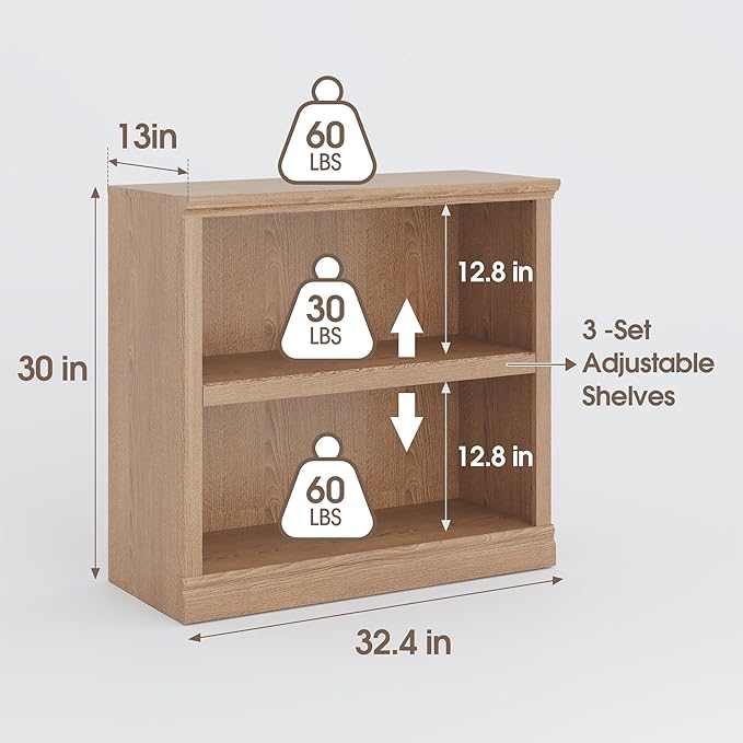 Bookcase, 2 Tiers S Bookshelf Open Storage Organization, Floor Standing Indoor Furniture Book Case for Library Office Living Room Bedroom, Salt Oak - 2 Tier-Ruum Studio Home