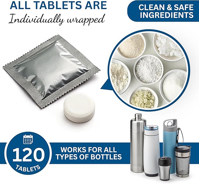 120-pcs Water Bottle Cleaner Tablets, Chlorine-free, Water Bottle cleaner, Tumbler washer and Glass bottle cleaner Removes stubborn stains and Freshens glass bottles and utensils-Ruum Studio Home