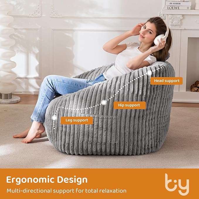 BYBYME Giant Bean Bag Chair for Adults and Kids, Large Comfy Cozy Beanbag, Floor Sofa for Teens, Living Room, Gaming, Reading, Grey-Ruum Studio Home