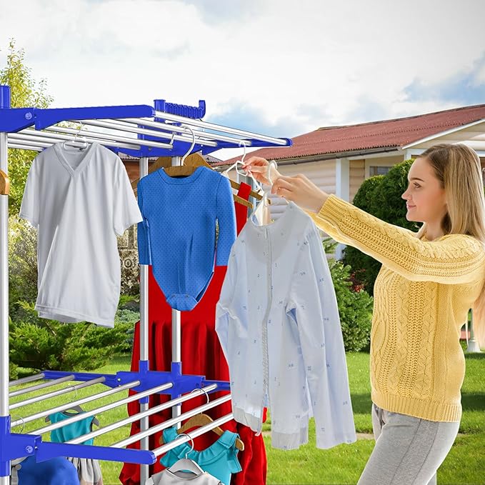 Bigzzia Clothes Drying Rack, 67.7 Inch Laundry Drying Rack with Foldable Base, 4 Tier Stainless Steel Drying Rack Clothing, Movable Laundry Rack for Indoor Outdoor-Blue-Ruum Studio Home