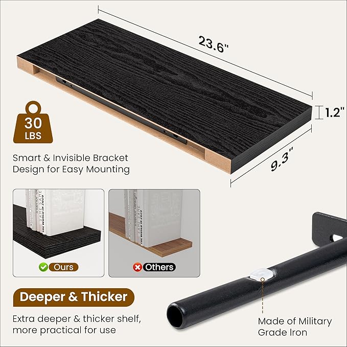 Fun Memories 24 Inch Floating Shelves for Wall, 9 Inch Deep Black Rustic Wood Wall Mounted Shelves for Bathroom, Kitchen, Living Room, Set of 2-Ruum Studio Home