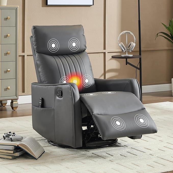 Manual Swivel Rocker Recliner Chair for Adults, Overstuffed Reclining Glider Chair for Nursing with Vibration Massage & Heat, Living Room Rocking Recliner 2-Stage backrest, Faux Leather Gray-Ruum Studio Home