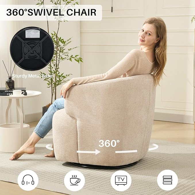 Swivel Accent Chair, Chenille Barrel Chair for Living Room, Cozy Round Boucle Arm Chair, Metal Base for Club Nursery Bedroom, Beige-Ruum Studio Home