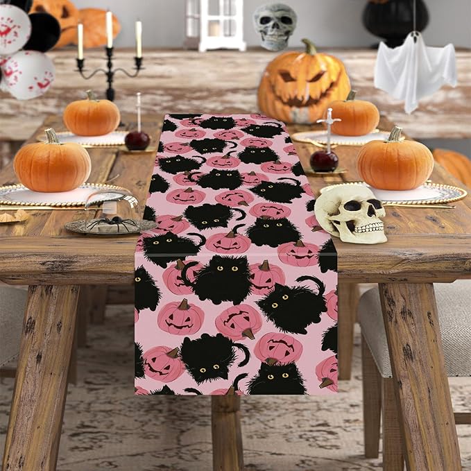 Halloween Table Runner Black Cat Pink Pumpkins Seasonal Kitchen Dining Table Home Outdoor Party Decorations 13x36 Inch-Ruum Studio Home