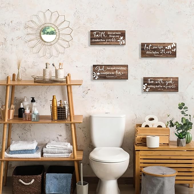 FENCORDAR 4 Pieces Brown Wall Decor Bible Verses Bathroom Decor Wooden Farmhouse Office Christian Wall Art Religious Art for Women Office Home Bedroom Living Room Decor(Brown 10x4)-Ruum Studio Home