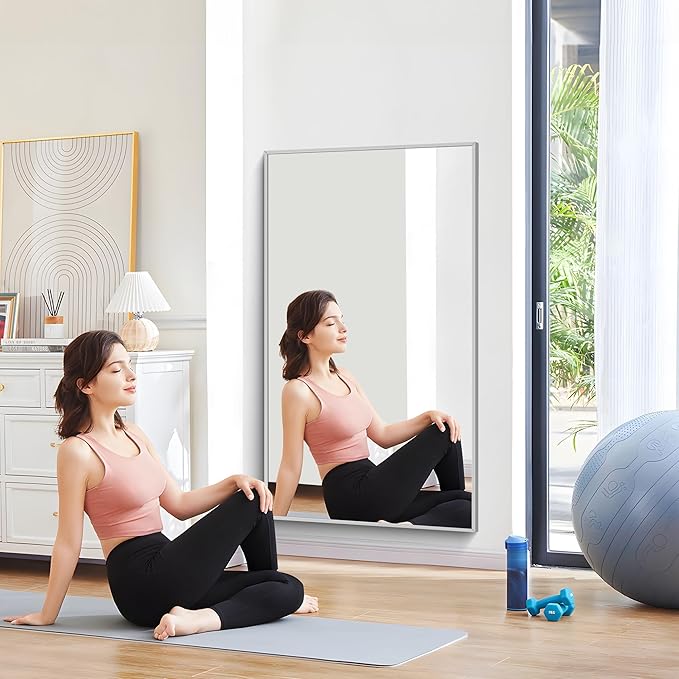 30x55In Silver Bathroom Mirror for Wall, Brushed Nickel Rectangle Mirrors with Metal Frame, Bathroom Rectangular Mirror Modern Wall Mirror for Bedroom Living Room, Hangs Horizontal or Vertical-Ruum Studio Home