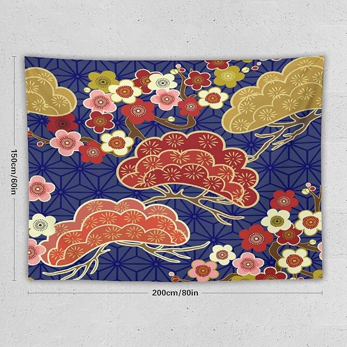HZOHNAGO Japanese Tapestry Art Abstract Colorful Cherry Blossom Blue Background Pattern Printed Wall Tapestry Painting Wall Hanging for Bedroom Living Room Dorm 80" W x 60" H-Ruum Studio Home