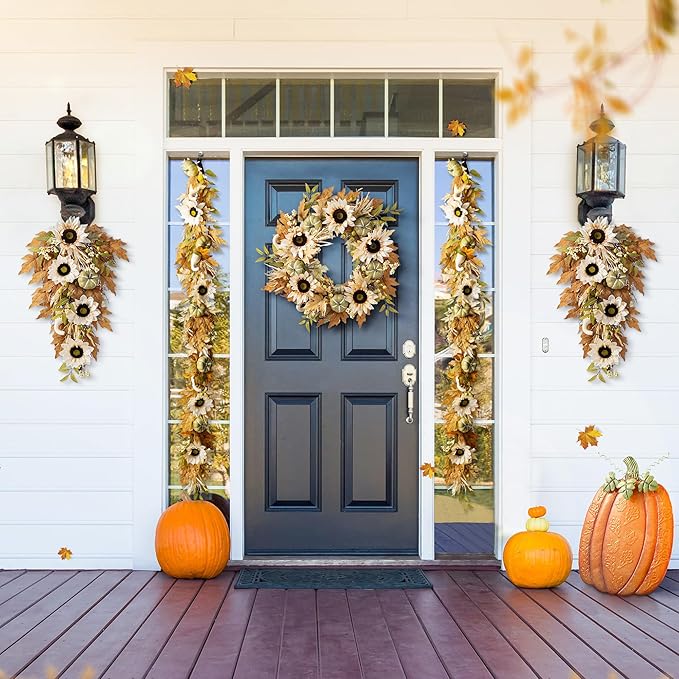 Glitzhome 24''D Artificial Fall Wreath for Front Door, Autumn Wreath with Sunflower, Pumpkin and Leaf, Metal Hanger for Farmhouse Indoor Outdoor Window Wall Door Decor-Ruum Studio Home