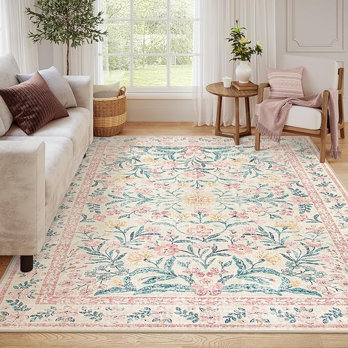 Wonnitar 8 x 10 Area Rugs for Living Room, Boho Large Washable Bedroom Rug 8x10, Soft Pink Floral Carpet Non Slip, Low Pile Indoor Carpet for Girls Room Playroom Nursery-Ruum Studio Home