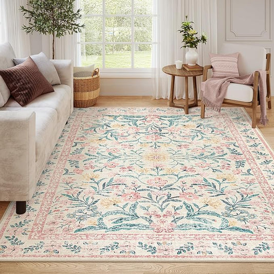 Wonnitar 8 x 10 Area Rugs for Living Room, Boho Large Washable Bedroom Rug 8x10, Soft Pink Floral Carpet Non Slip, Low Pile Indoor Carpet for Girls Room Playroom Nursery-Ruum Studio Home