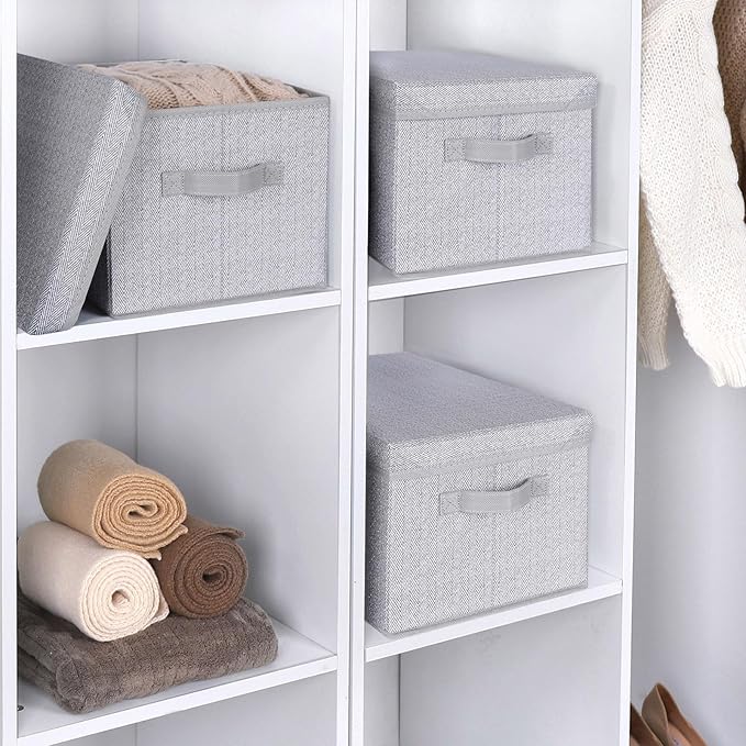 WUIKE 3 Pack Large Storage Bins with Lids, Fabric Closet Shelf Organizers, FoldableStorage Baskets with Cover for Bedroom, Herringbone Gray-Ruum Studio Home