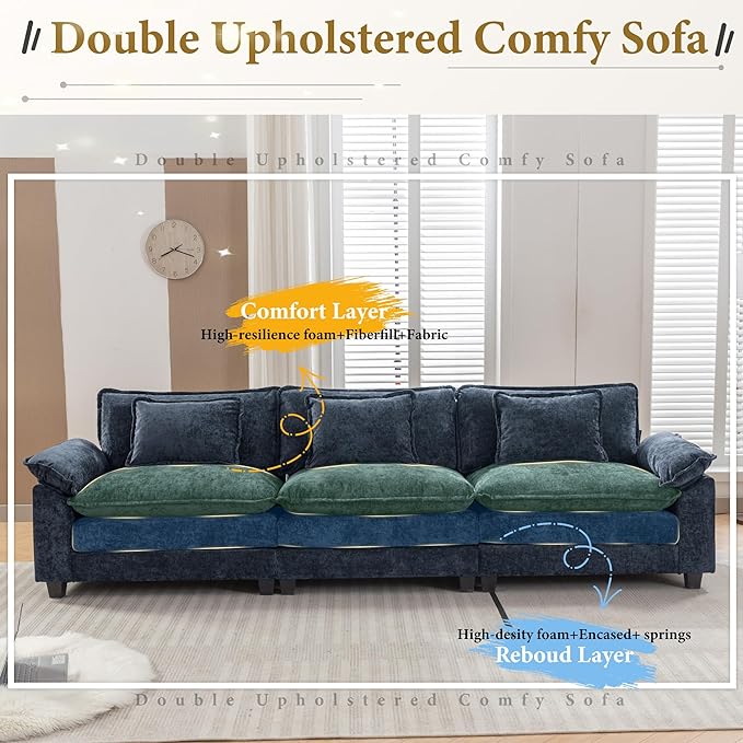 URRED Modular Sectional Sofa Comfy Cloud Couch, Modern Chenille Sofa Sleeper Deep Seat Couches with Ottoman/Pillows for Living Room (Blue, 117'')-Ruum Studio Home