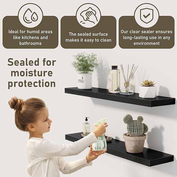 Fun Memories Black Floating Shelves Wall Shelf 24 Inch Long, Rustic Bathroom Shelves, Wall Mounted Wood Floating Shelf for Kitchen, Living Room, Bedroom, 24 x 6.7 x 1.4 inch Set of 3-Ruum Studio Home