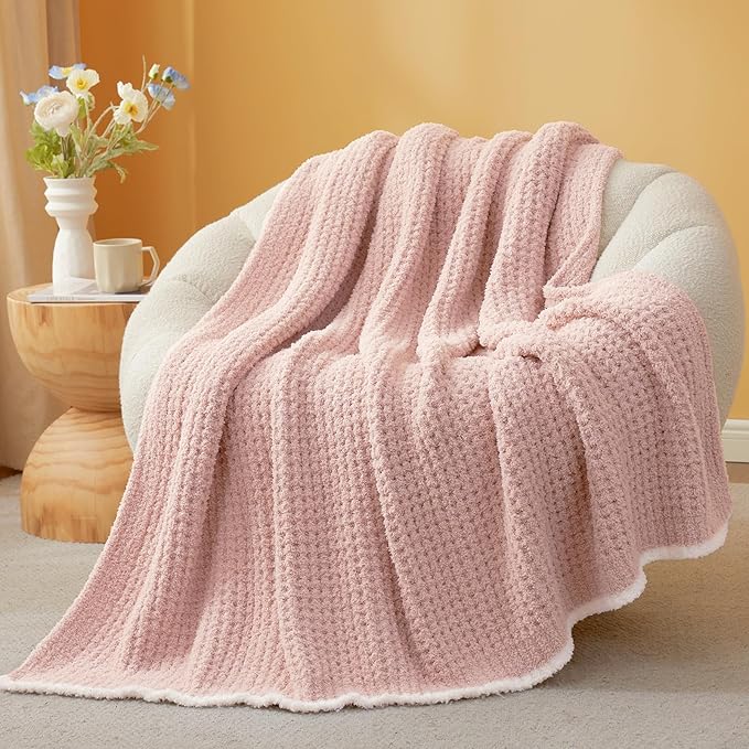 Snuggle Sac Ultra Soft Waffle Throw Blanket for Couch Bed Sofa 50x60 inches, Reversible Pink Blanket Microfiber Fluffy Fuzzy Cozy Knit Throws for Women Mothers Birthday Gifts-Ruum Studio Home