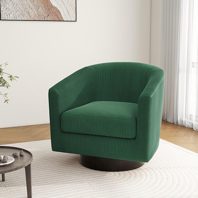 Swivel Barrel Accent Chair, Modern Round Corduroy Fabric Arm Chair for Living Room, Bedroom, Comfy Club Reading Chairs for Adults, Corduroy Dark Green-Ruum Studio Home