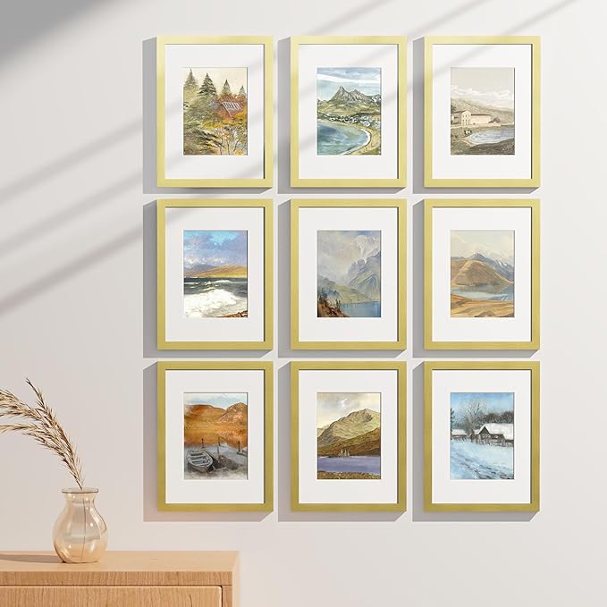 Vittanly 9x12 Picture Frames Set of 9, Shatter Resistant Plexiglass, Display 6x8 Pictures with Mat or 9x12 without Mat, Photo Frames for Wall or Tabletop, Engineered Wood, Gold-Ruum Studio Home