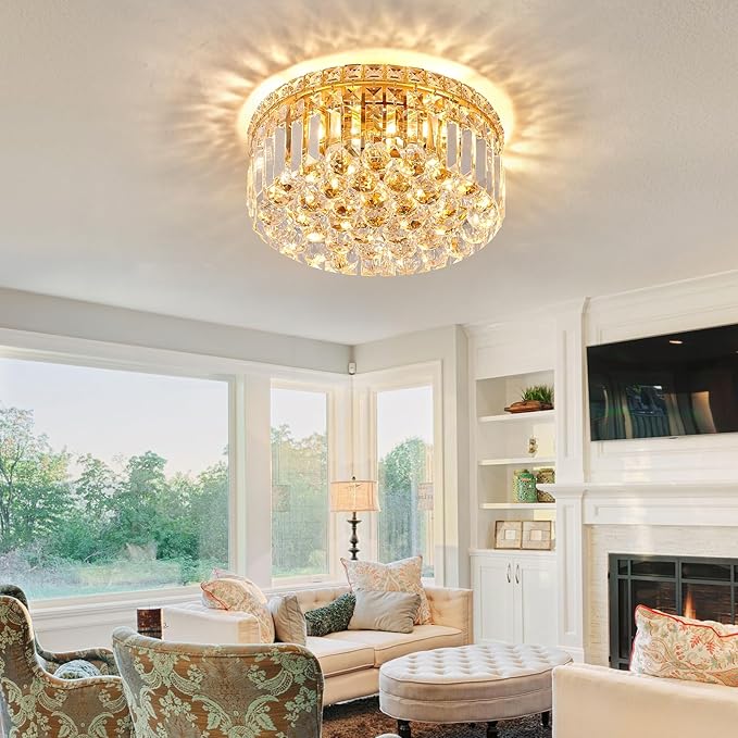 4-Light Gold Crystal Chandeliers Flush Mount Chandelier Light Fixture with K9 Crystals Modern Ceiling Lights Elegant Round Lamp for Bedroom,Hallway,Bar,Living Room,Dining Room,H5.9 xW13.7-Ruum Studio Home