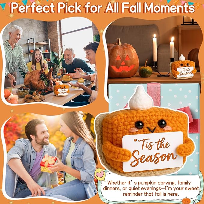 Tis The Season Fall Decor | Mini Crochet Pumpkin Pie Plush | Small Handmade Autumn Halloween Thanksgiving Items for Home Office Indoor Table Decoration Christmas Stocking Stuffer Ornament-Ruum Studio Home