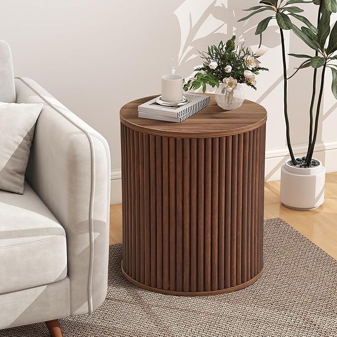 AVZEAR Fluted Round Side Table with Storage, Small Mid Century End Table Fluted Nightstands, Modern Circle Bedside Tables Wood Night Stand for Small Spaces, Living Room, Bedroom (Rustic Walnut)-Ruum Studio Home