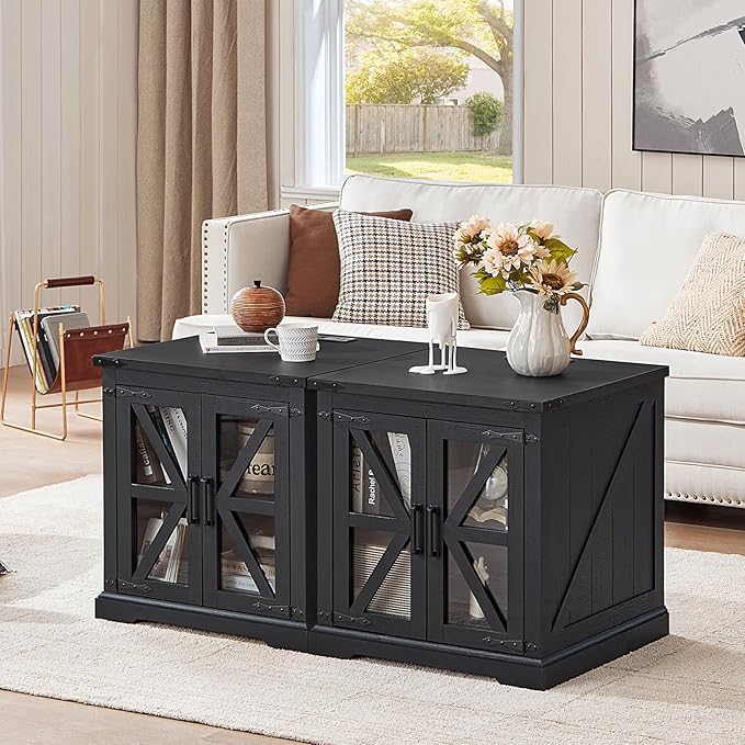 24" End Table with Charging Station, Farmhouse Night Stand with Glass Barn Door, Black Nightstands with Adjustable Storage Shelf, Large Wood Square Bed Side Table for Living Room,Bedroom-Ruum Studio Home