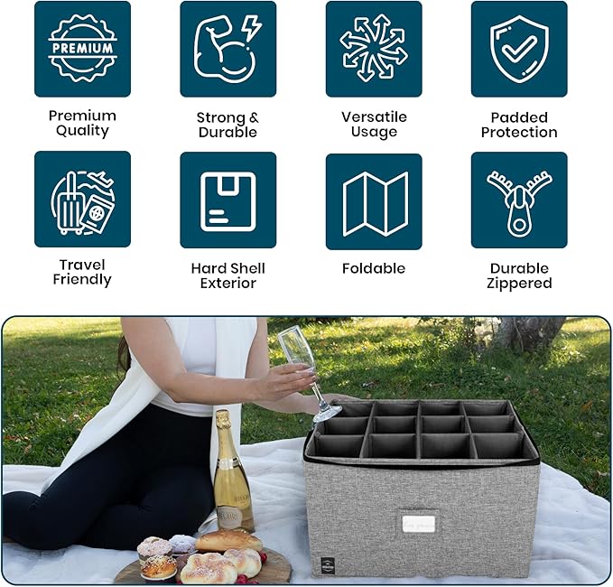 Wine Glass Storage, Holds 12 Stemware Glasses, Stackable, Fully-Padded Inside with Hard Top and Sides (Grey)-Ruum Studio Home
