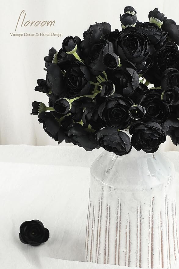 Floroom Ranunculus Artificial Flowers 18 Pcs Black Faux Silk Mini Ranunculus Bulk Fake Wedding Filler Flowers for DIY Bouquets, Centerpieces, Bridal Shower Decorations & Arrangements-Ruum Studio Home