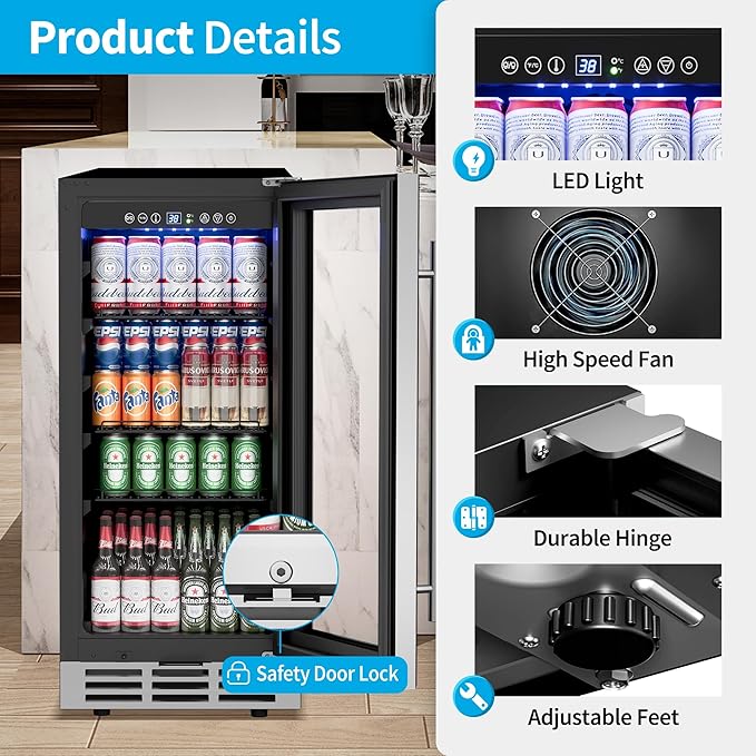 15 Inch Beverage Refrigerator Under Counter - 126 Cans Beverage Fridge with Glass Door for Beer Wine Soda - Built-in or Freestanding Wine Cooler with Safety Lock for Home Kitchen Bar-Ruum Studio Home