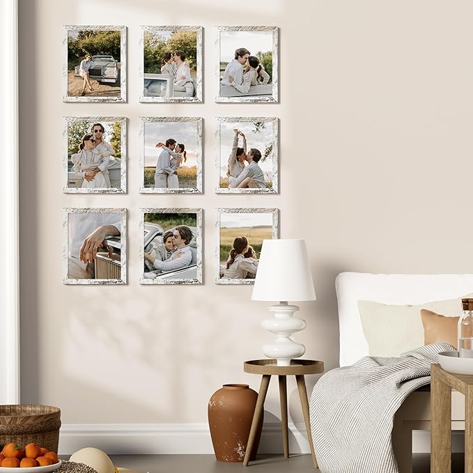 Vittanly 8x10 Picture Frames Set of 9, Shatter Resistant Plexiglass, Display 5x7 Pictures with Mat or 8x10 without Mat, Photo Frames for Wall or Tabletop, Engineered Wood, Distressed White-Ruum Studio Home
