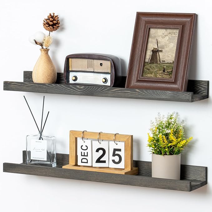 24 Inches Floating Shelves for Wall, Solid Pine Wood Picture Ledge Shelves, Wall Shelves with Lips, Nursery Book Shelves for Toys Storage Living Room Bedroom Photo Frames (2 Pcs, Grey)-Ruum Studio Home
