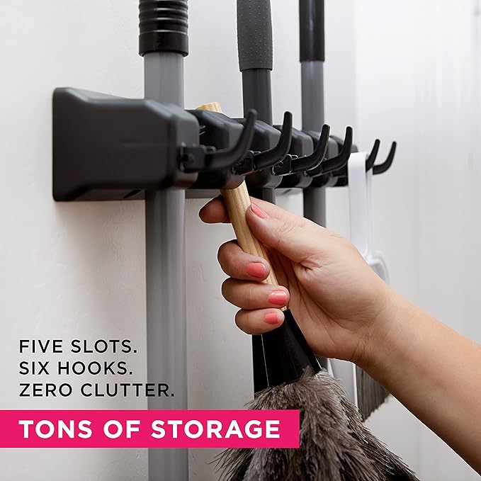 Combo 5 Slot Broom Holder w/ 1 Self Adhesive Mop Gripper No-Drilling, Wall Mount Tool Organizers For Kitchen, Garage, Laundry Room- Anti-Slip Hanger For Brooms, Mops, Rakes, Dustpans (Black / Black)-Ruum Studio Home