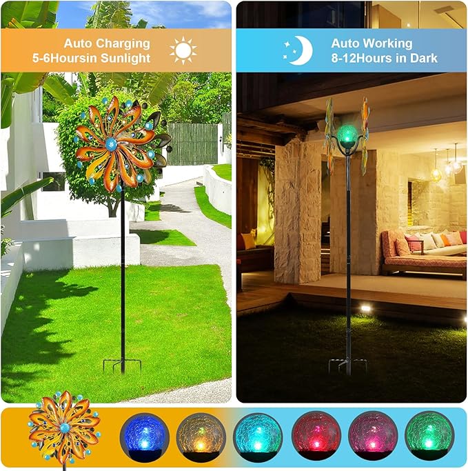 Wind Spinners for Yard and Garden - Wind Sculptures & Spinners 75 in Garden Kinetic Art with Solar Powered Multi-Color Glass Ball Light - Gradient Brown-Ruum Studio Home