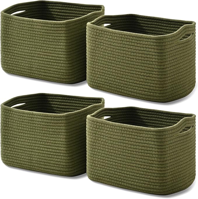 Storage Basket for Shelves, Small Baskets for Organizing, Woven Cotton Rope Baskets for Storage, Book Basket, Decorative Shelf Basket, 12.5"Lx9.1''Wx7.9''H (4 Packs) Green-Ruum Studio Home