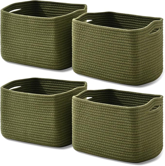 Storage Basket for Shelves, Small Baskets for Organizing, Woven Cotton Rope Baskets for Storage, Book Basket, Decorative Shelf Basket, 12.5"Lx9.1''Wx7.9''H (4 Packs) Green-Ruum Studio Home