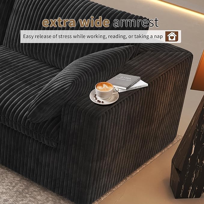 118" 3-Seater Cloud Sofa,Modular Sectional Couch,Modern Deep Seat Upholstered Couches with Plush Corduroy Fabric for Living Room Furniture,Bedroom and Apartment,No Assembly Required,Black-Ruum Studio Home