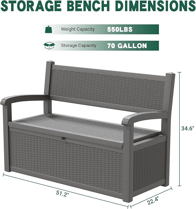70 Gallon Outdoor Storage Bench Deck Box Lockable for Patio Furniture, Outdoor Porch Bench with Storage Waterproof for Cushions, Garden Tools and Pool Supplies, Grey-Ruum Studio Home