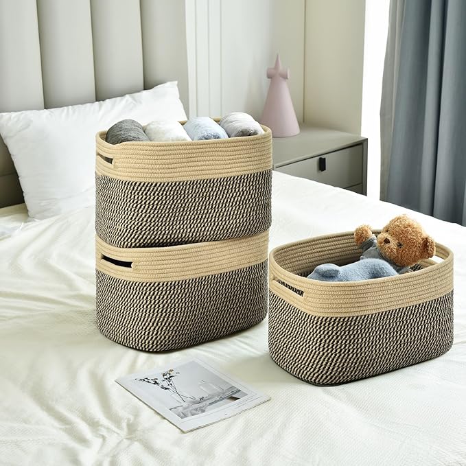 Storage Basket,Woven Baskets for Storage,Cotton Rope Baskets for Organizing,book,towel Basket,Toy Basket or Storage Bins - 3 Pack,Black and Brown-Ruum Studio Home