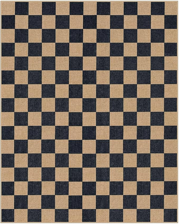 Lahome Checkered Easy Jute 8x10 Rug, Washable Rugs for Living Room Office, Farmhouse Neutral Non Slip Non Shedding Stain Resistance Indoor Outdoor Carpet for Balcony Patio Classroom-Ruum Studio Home
